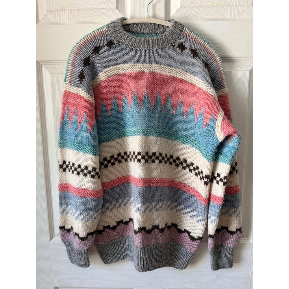 Vintage 90s Wool Sweater Women XL Multi Color Fair Isle Geometric Grandma Chunky